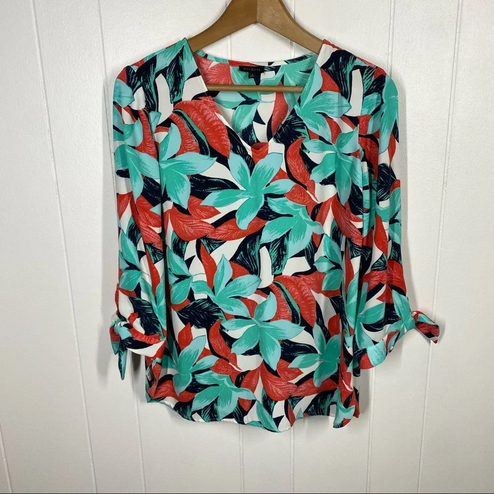 Talbots Floral V Neck Top with Tie Sleeves - Picture 3 of 8
